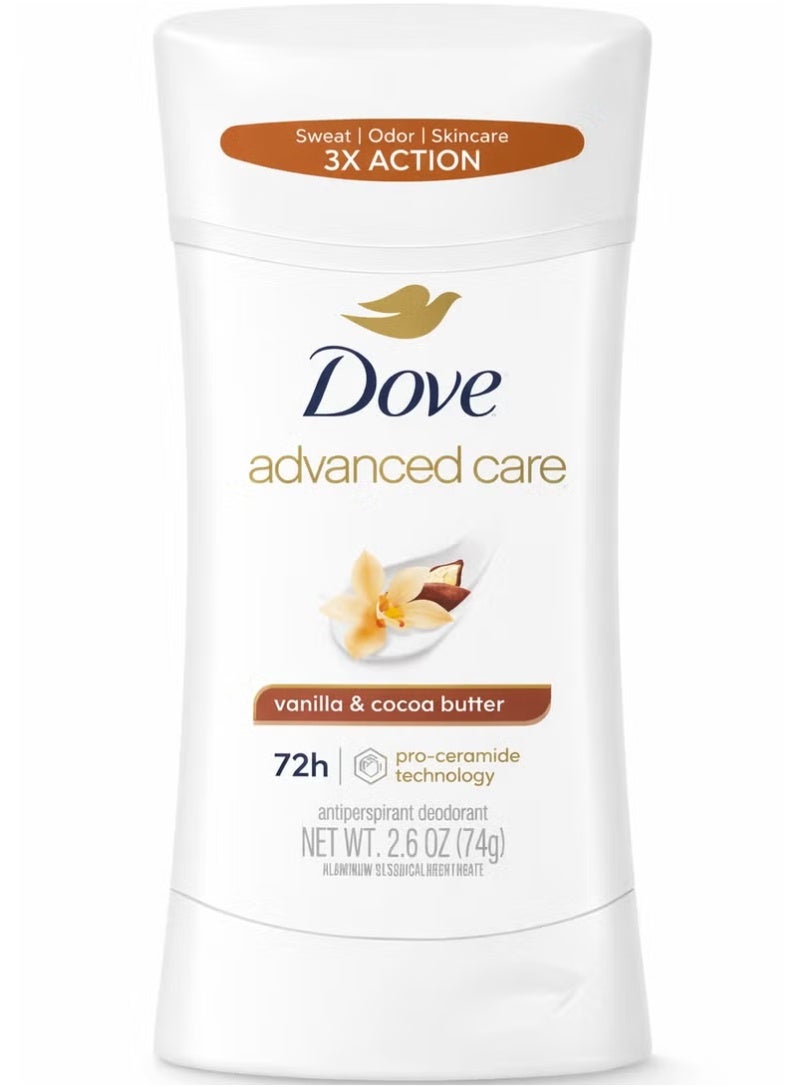 مزيل عرق مضاد للتعرق من أدفانسد كير، برائحة الفانيليا وزبدة الكاكاو، بتقنية برو-سيراميد، يوفر حماية من التعرق لمدة 72 ساعة وتحكمًا فعالًا في الرائحة طوال اليوم، 74 غرامًا